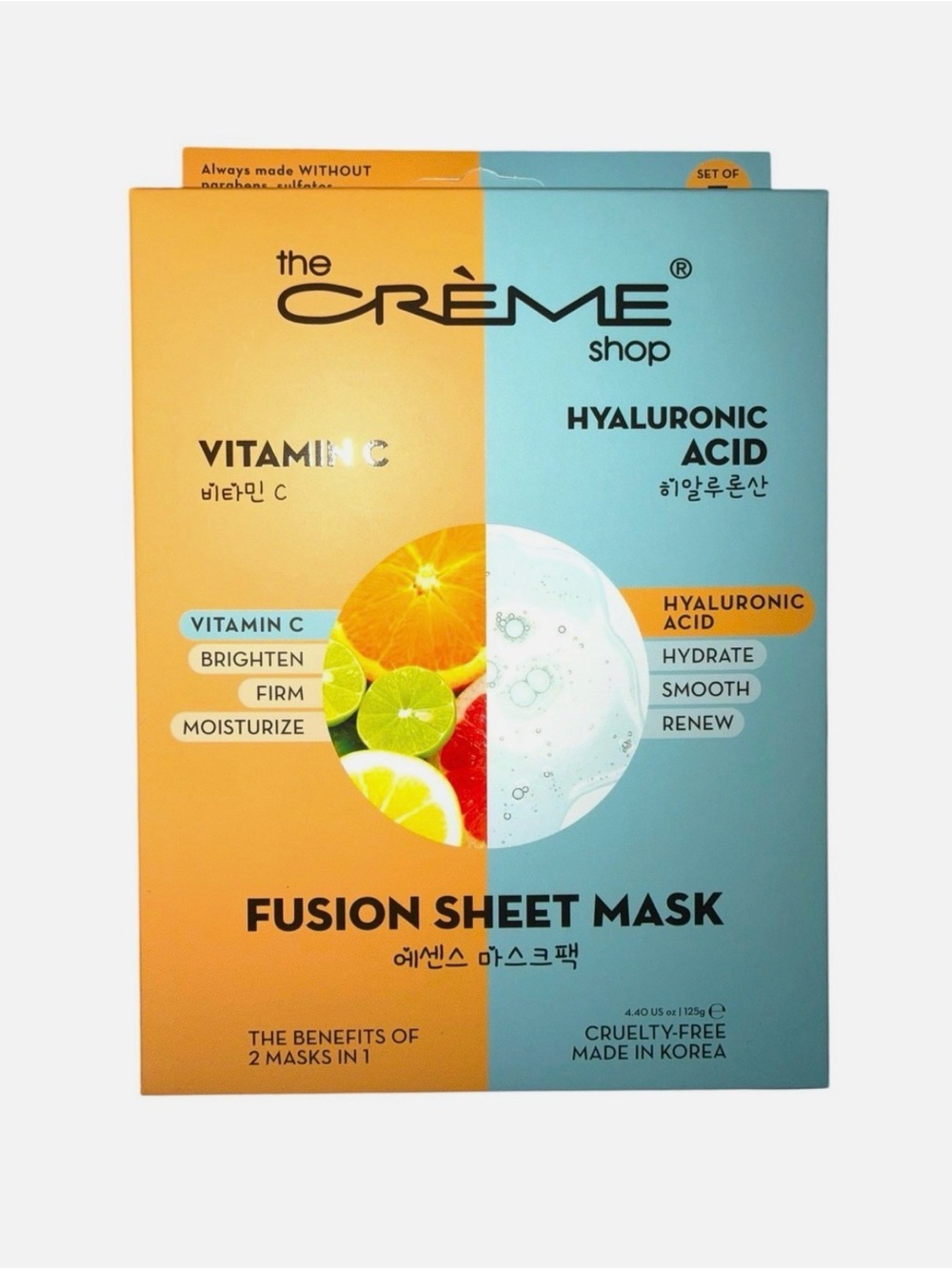 The Crème Shop Fusion Sheet Mask — Vitamin C & Hyaluronic Acid (Orange, Blue)